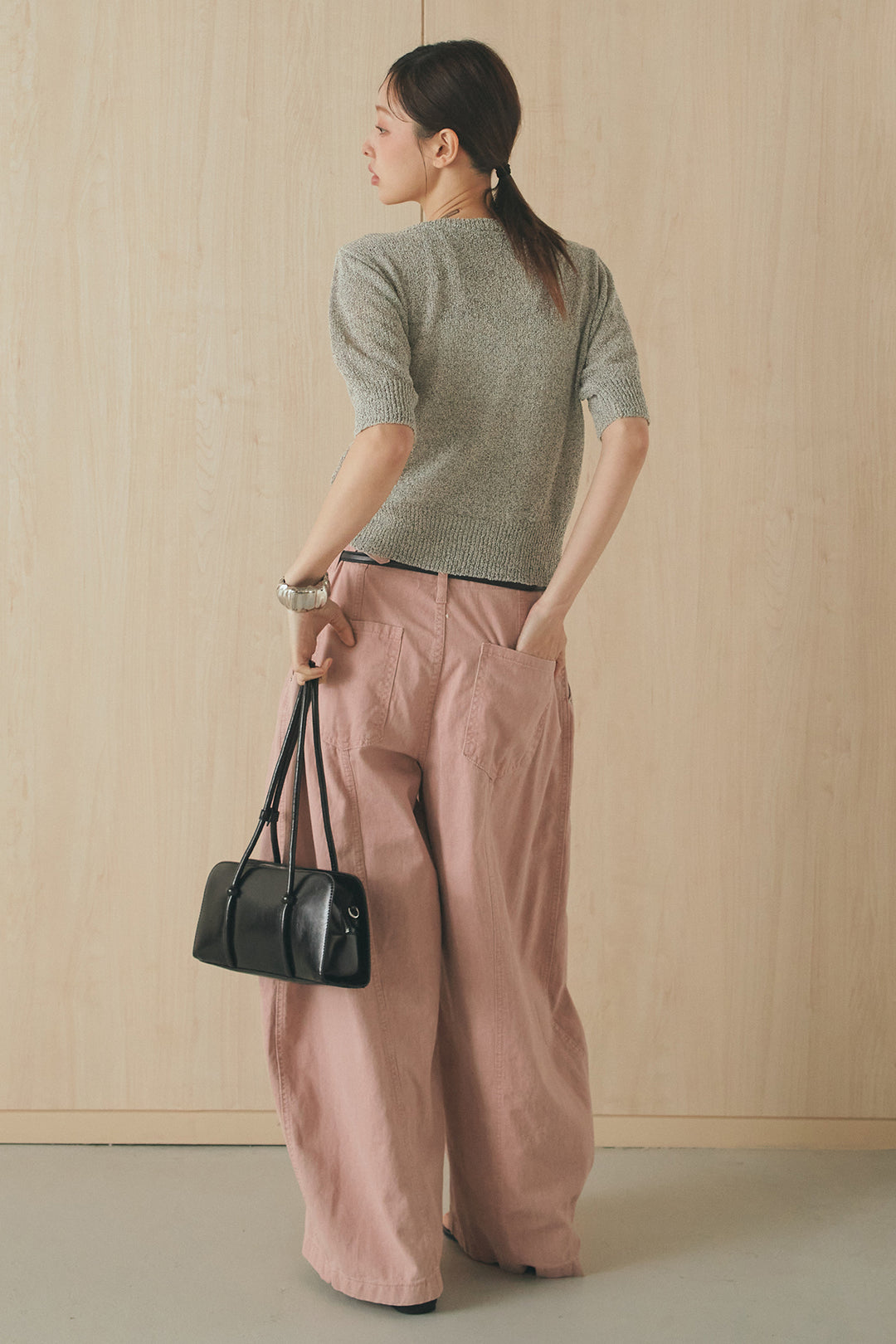 [SET]フロントテープデザイン半袖カーディガン+サイドベルトカーブワイドパンツ(2set)