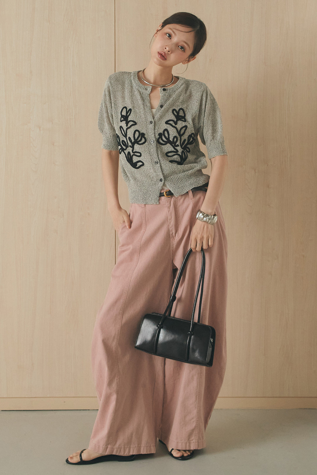 [SET]フロントテープデザイン半袖カーディガン+サイドベルトカーブワイドパンツ(2set)