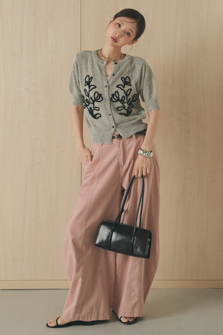 [SET]フロントテープデザイン半袖カーディガン+サイドベルトカーブワイドパンツ(2set)