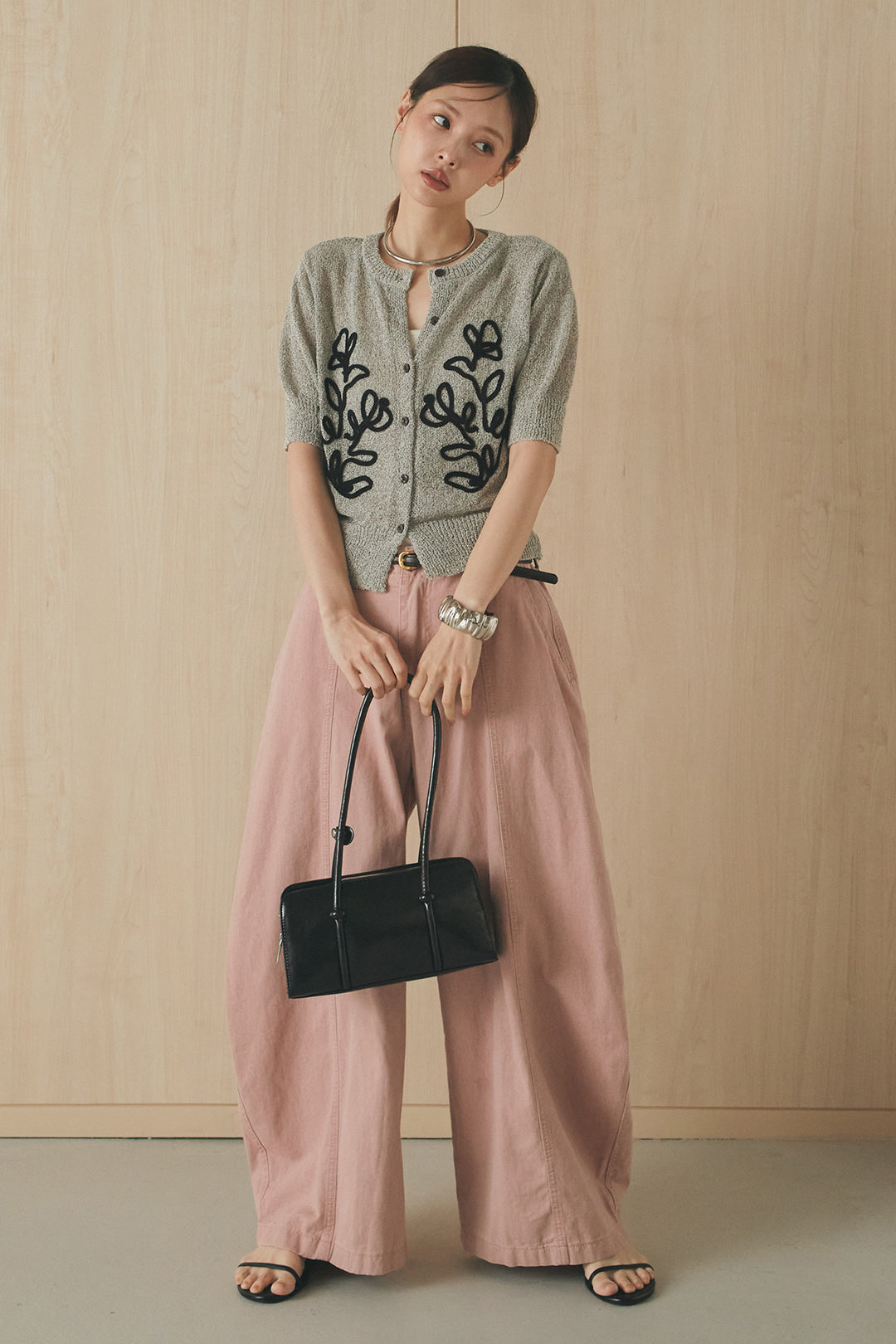 [SET]フロントテープデザイン半袖カーディガン+サイドベルトカーブワイドパンツ(2set)