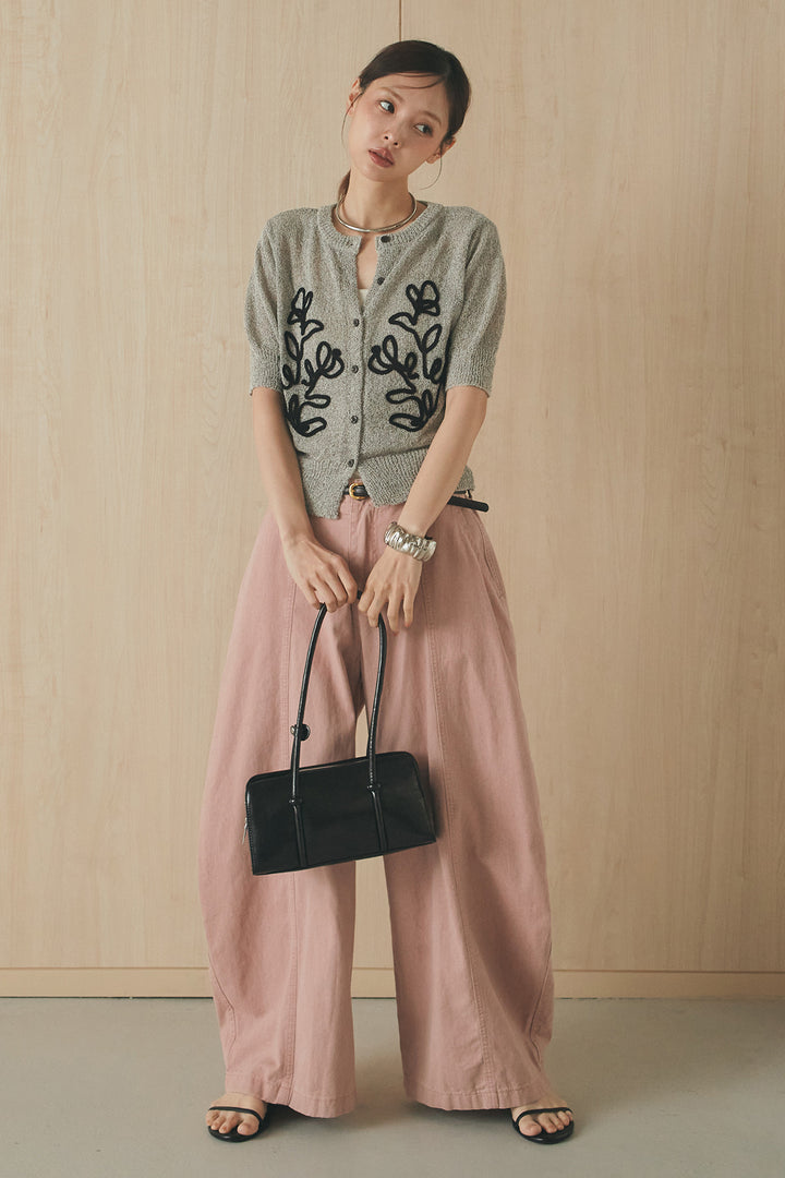 [SET]フロントテープデザイン半袖カーディガン+サイドベルトカーブワイドパンツ(2set)