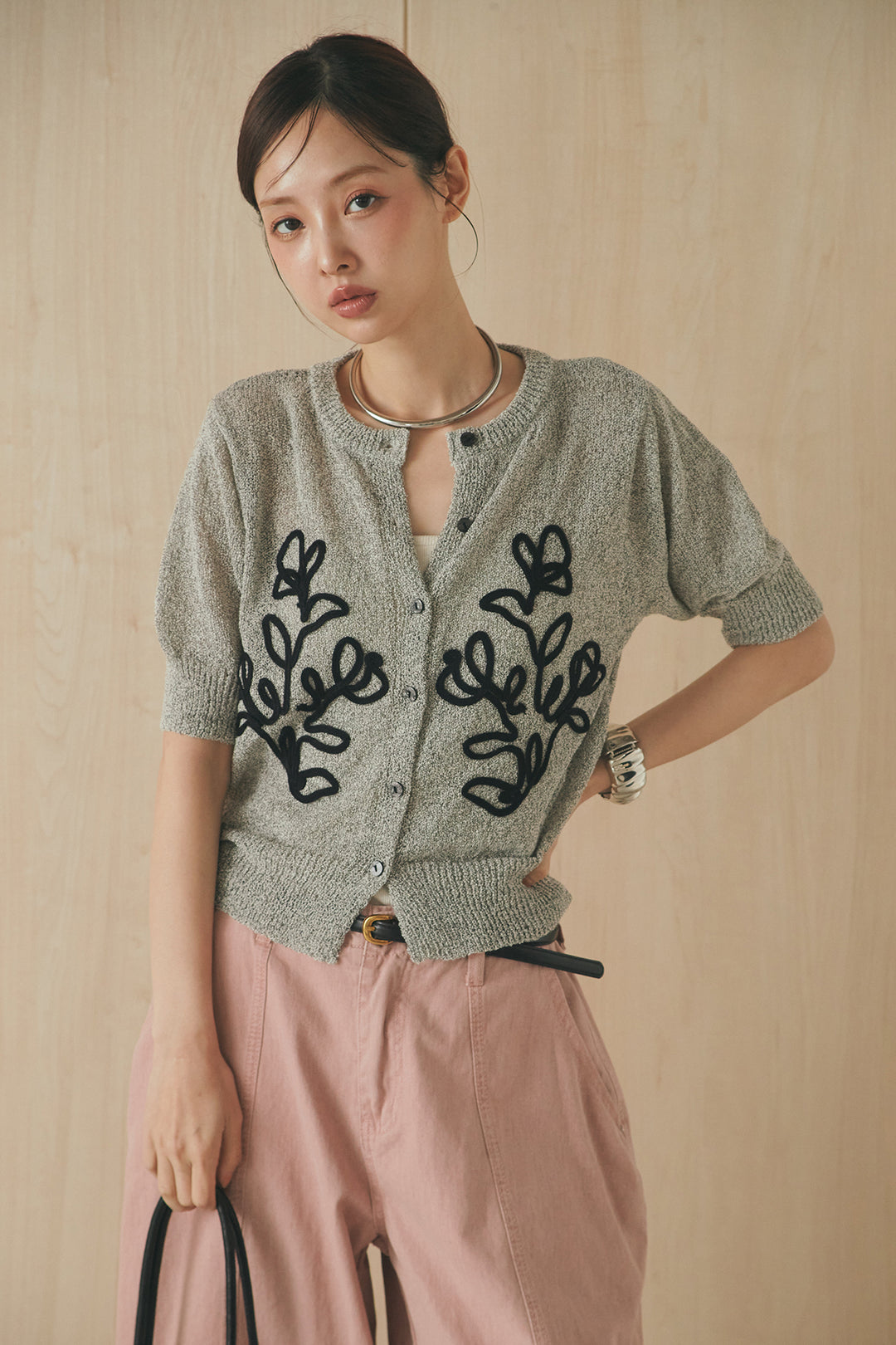 [SET]フロントテープデザイン半袖カーディガン+サイドベルトカーブワイドパンツ(2set)