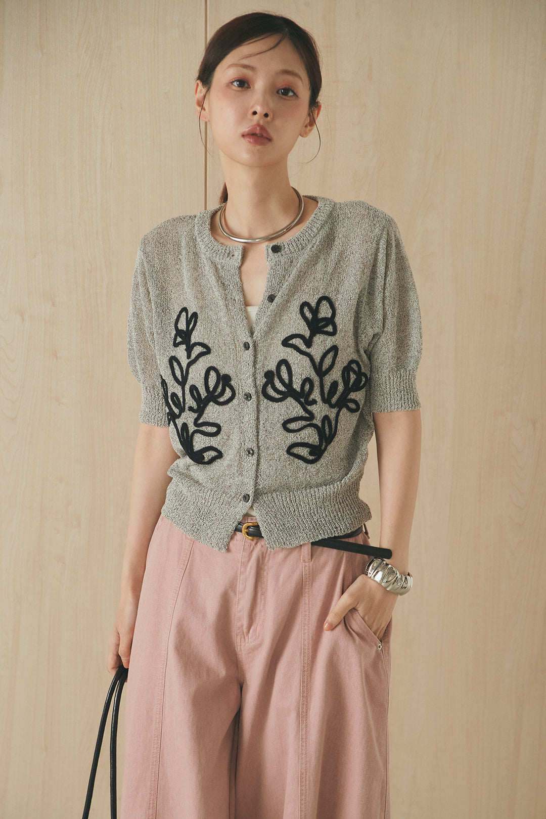 [SET]フロントテープデザイン半袖カーディガン+サイドベルトカーブワイドパンツ(2set)