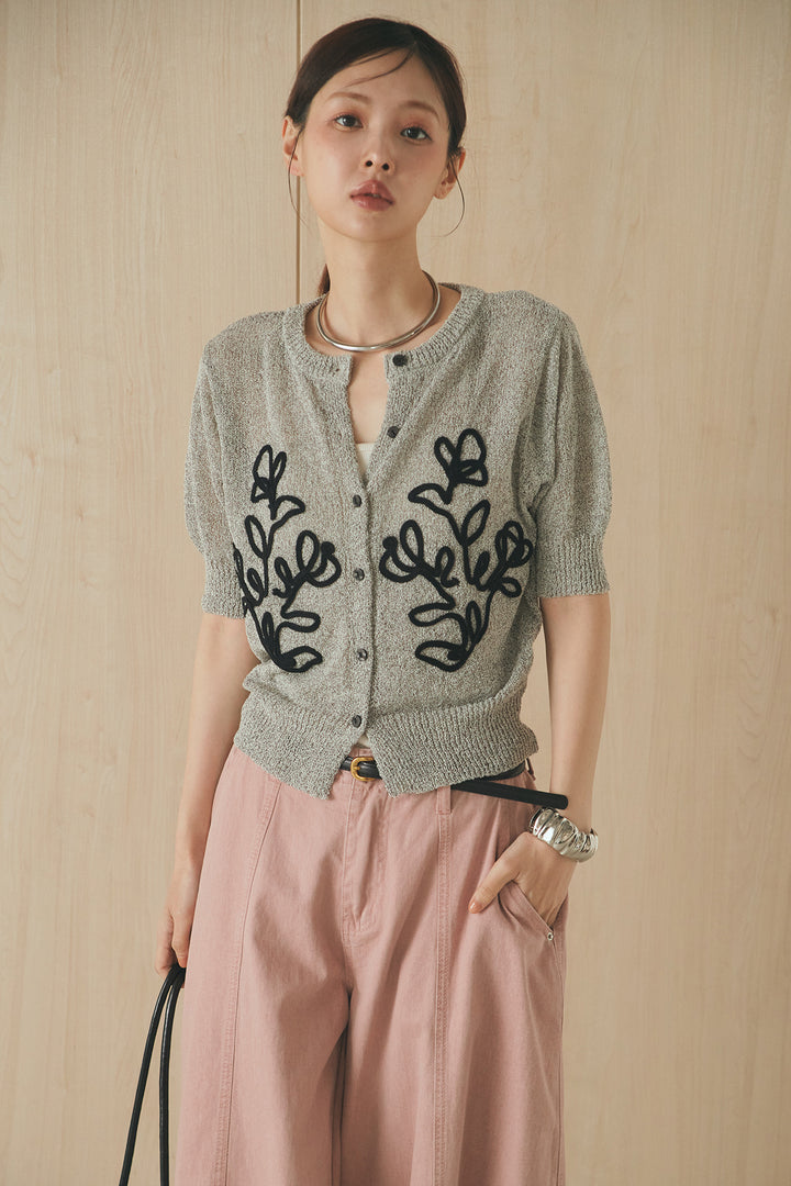 [SET]フロントテープデザイン半袖カーディガン+サイドベルトカーブワイドパンツ(2set)