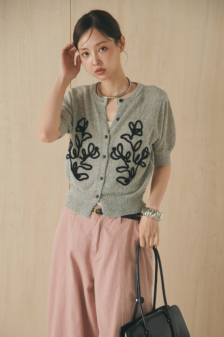 [SET]フロントテープデザイン半袖カーディガン+サイドベルトカーブワイドパンツ(2set)