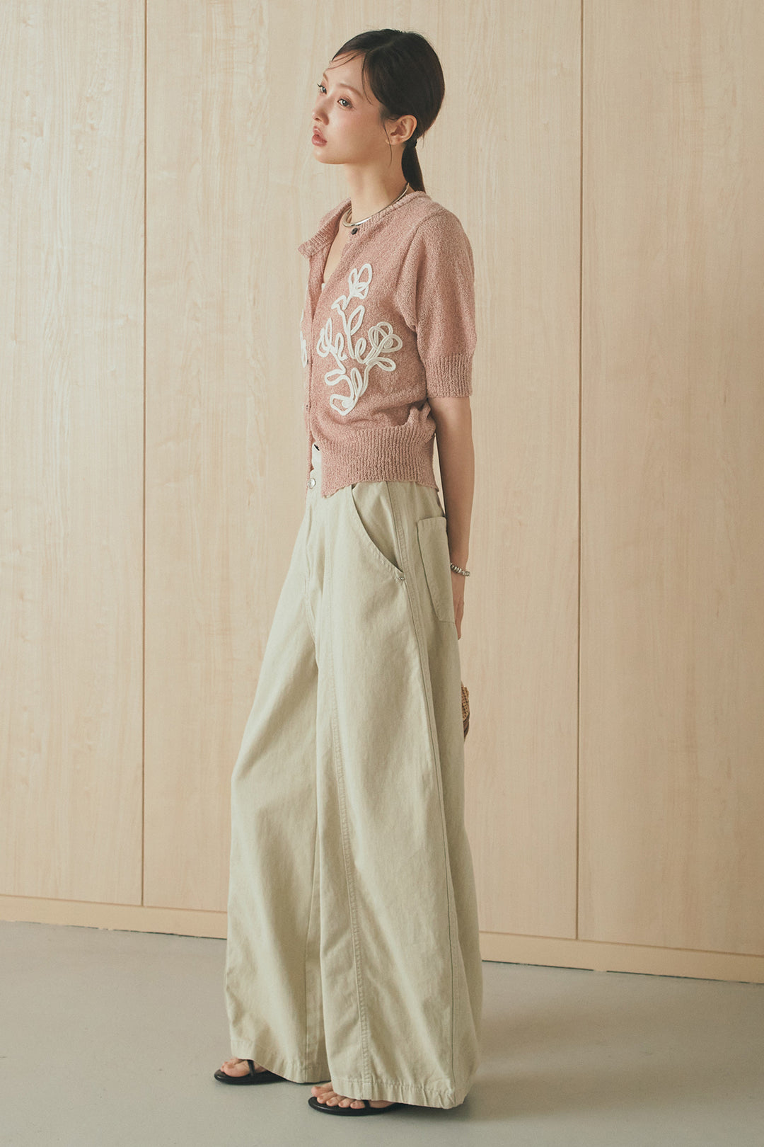 [SET]フロントテープデザイン半袖カーディガン+サイドベルトカーブワイドパンツ(2set)