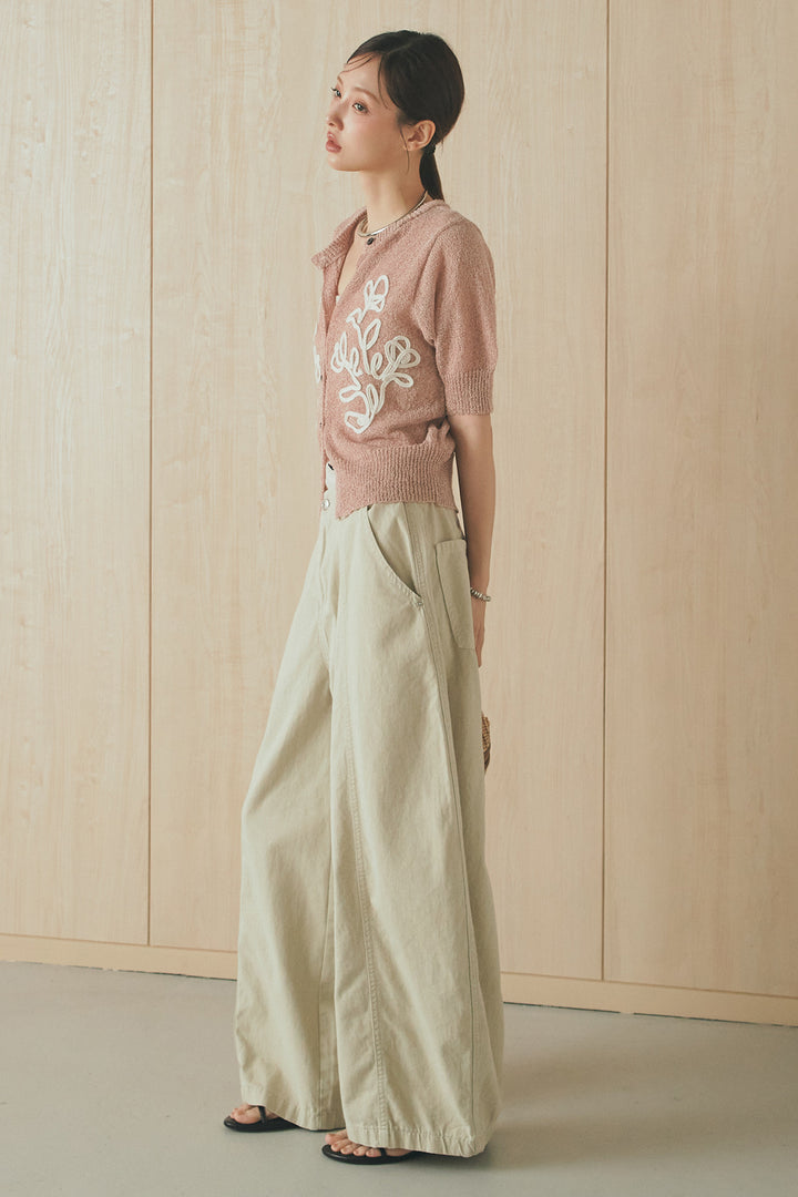 [SET]フロントテープデザイン半袖カーディガン+サイドベルトカーブワイドパンツ(2set)
