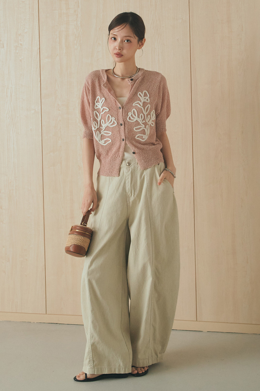 [SET]フロントテープデザイン半袖カーディガン+サイドベルトカーブワイドパンツ(2set)