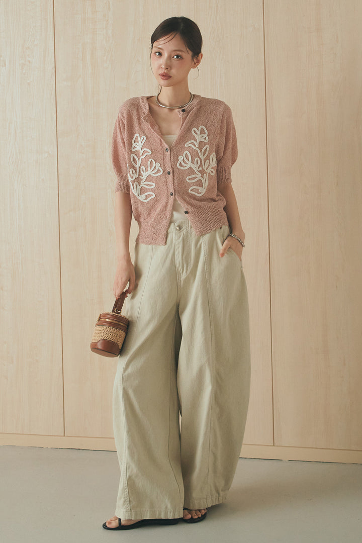 [SET]フロントテープデザイン半袖カーディガン+サイドベルトカーブワイドパンツ(2set)