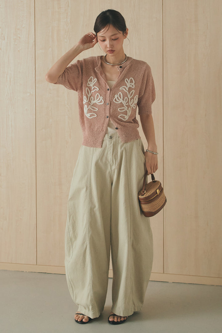 [SET]フロントテープデザイン半袖カーディガン+サイドベルトカーブワイドパンツ(2set)