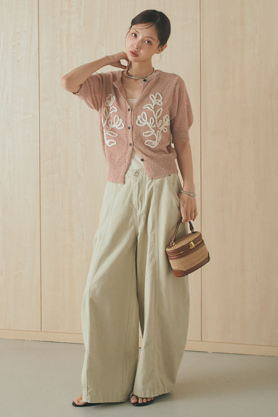 [SET]フロントテープデザイン半袖カーディガン+サイドベルトカーブワイドパンツ(2set)