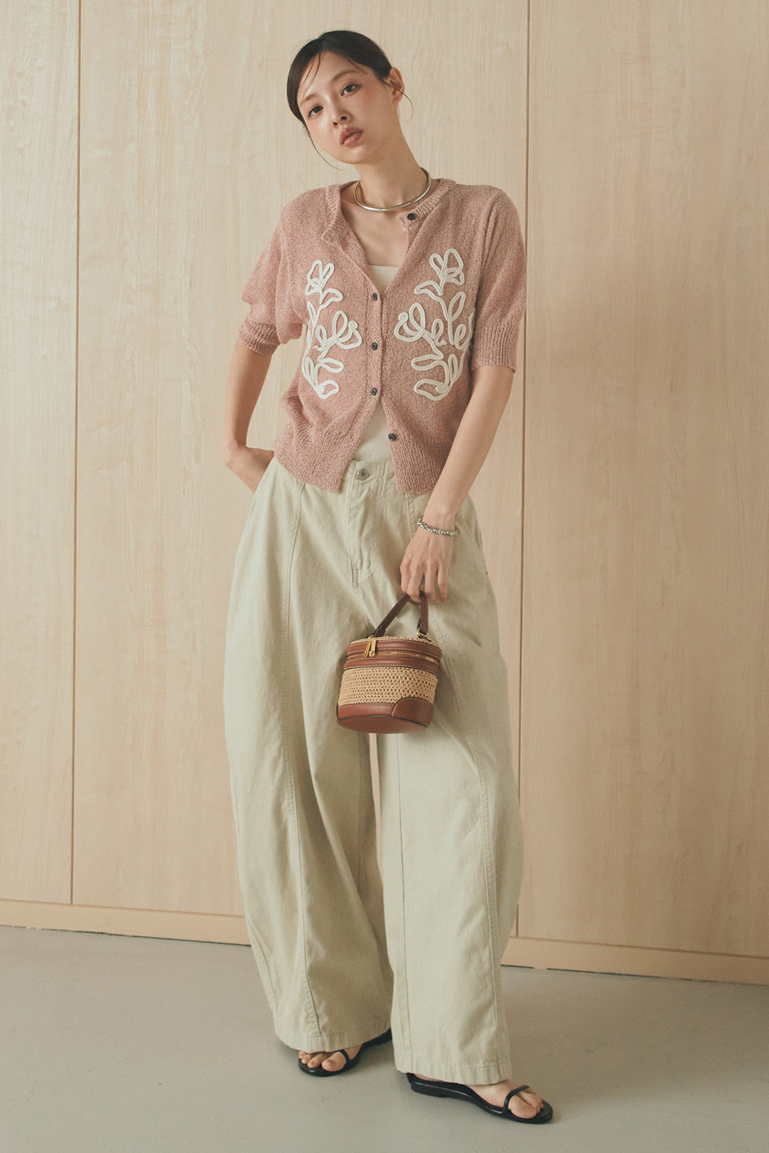 [SET]フロントテープデザイン半袖カーディガン+サイドベルトカーブワイドパンツ(2set)