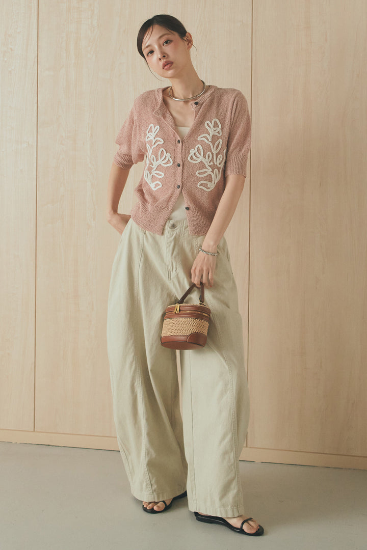 [SET]フロントテープデザイン半袖カーディガン+サイドベルトカーブワイドパンツ(2set)