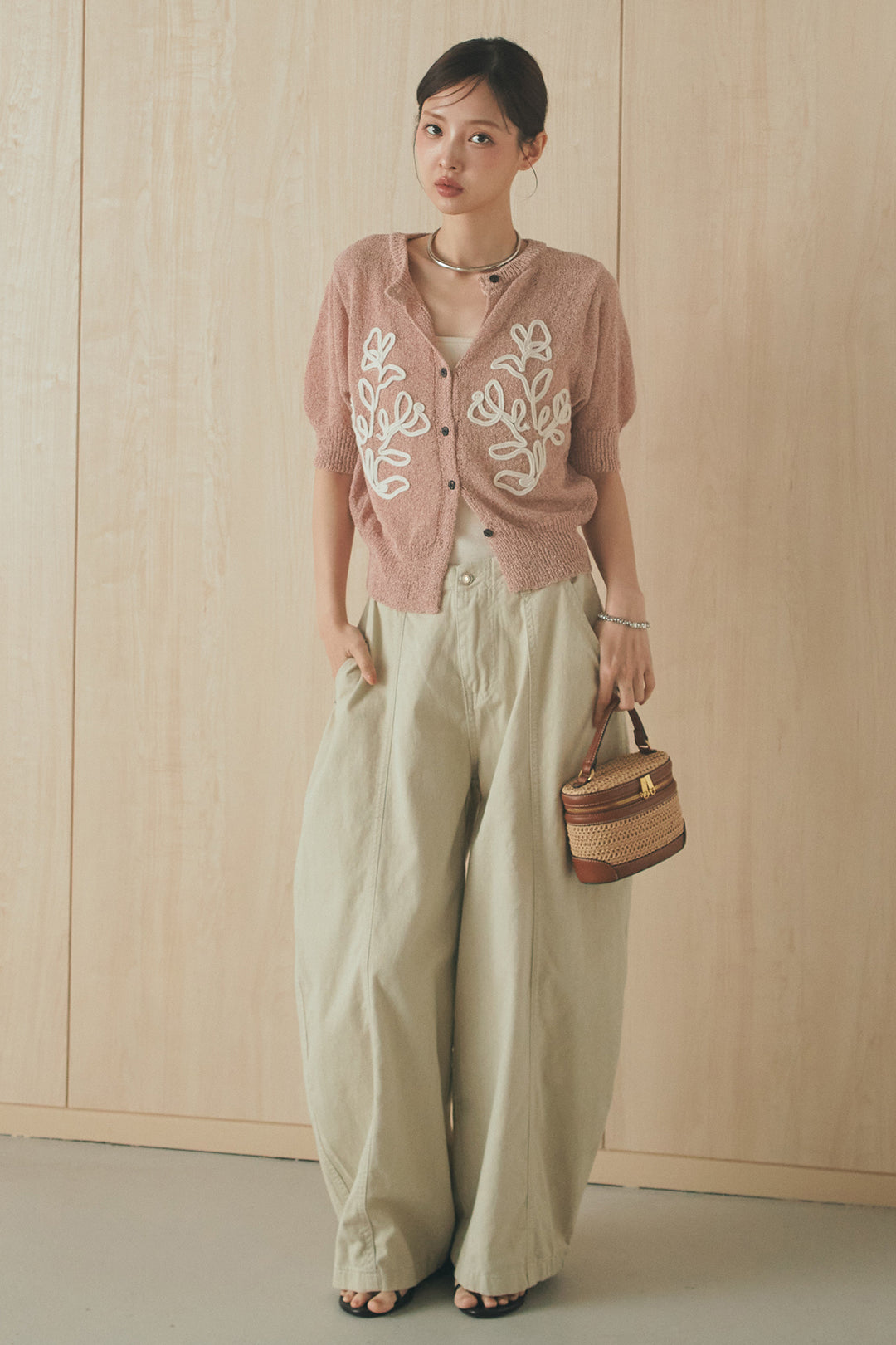 [SET]フロントテープデザイン半袖カーディガン+サイドベルトカーブワイドパンツ(2set)