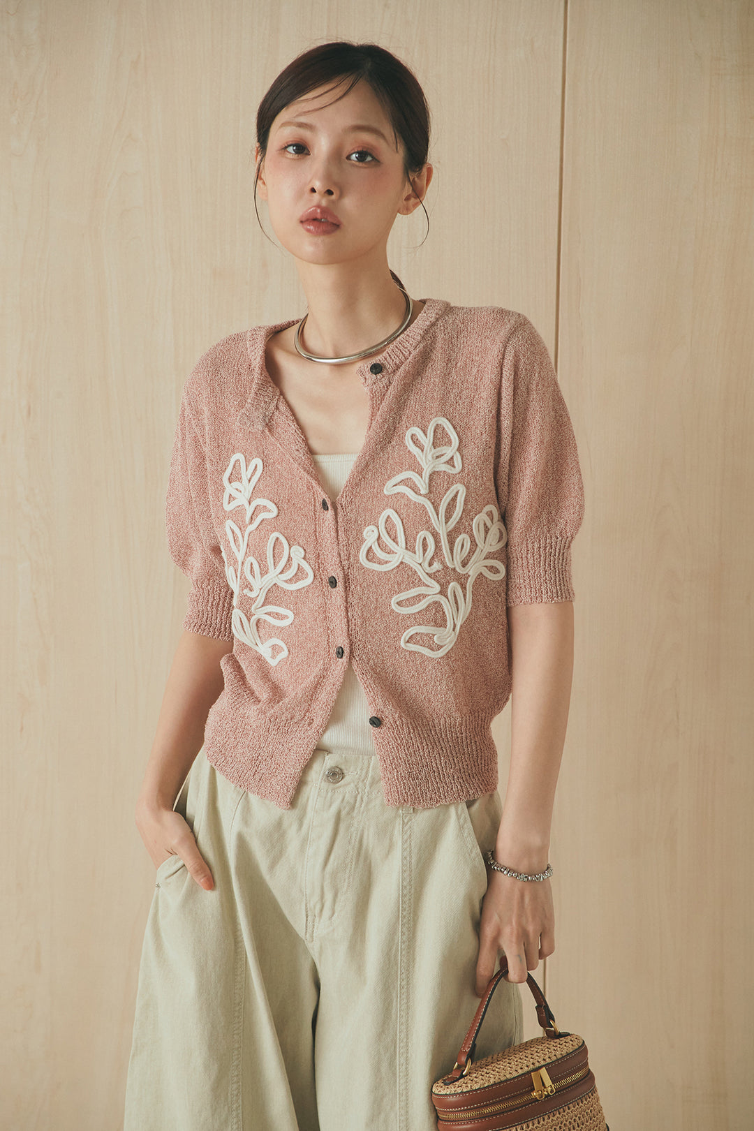 [SET]フロントテープデザイン半袖カーディガン+サイドベルトカーブワイドパンツ(2set)