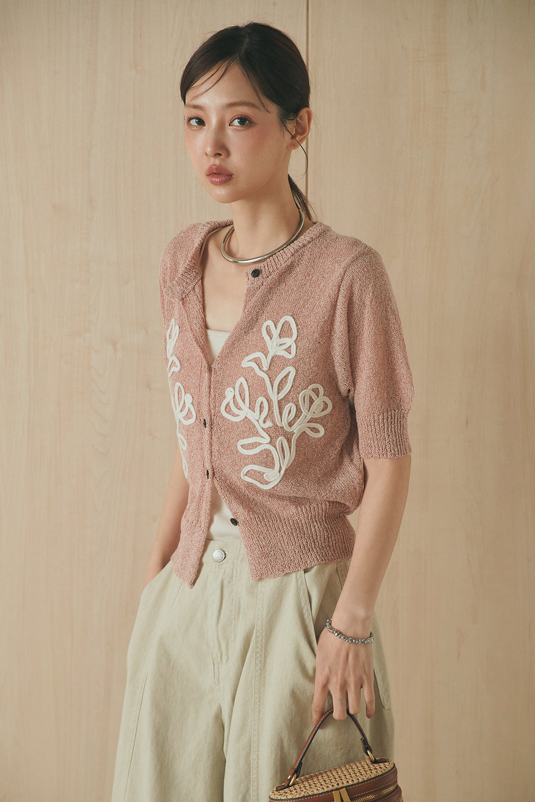 [SET]フロントテープデザイン半袖カーディガン+サイドベルトカーブワイドパンツ(2set)