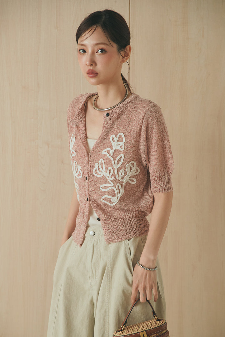 [SET]フロントテープデザイン半袖カーディガン+サイドベルトカーブワイドパンツ(2set)