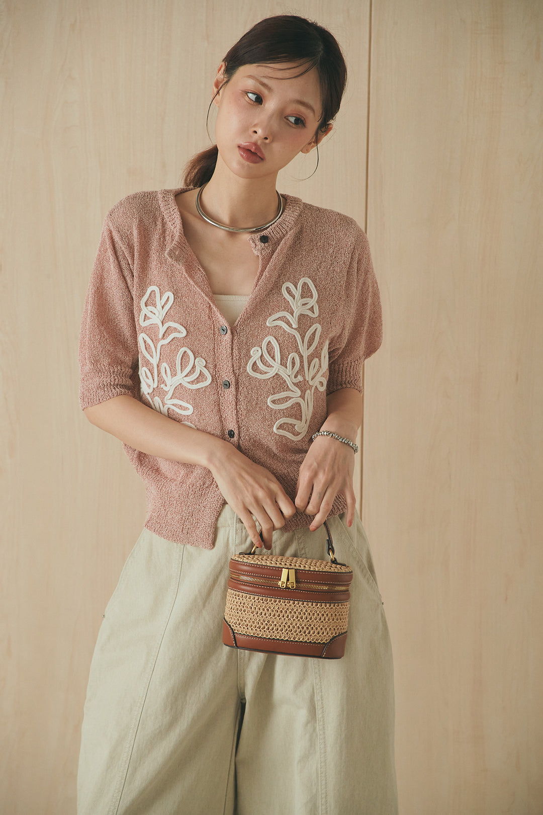 [SET]フロントテープデザイン半袖カーディガン+サイドベルトカーブワイドパンツ(2set)