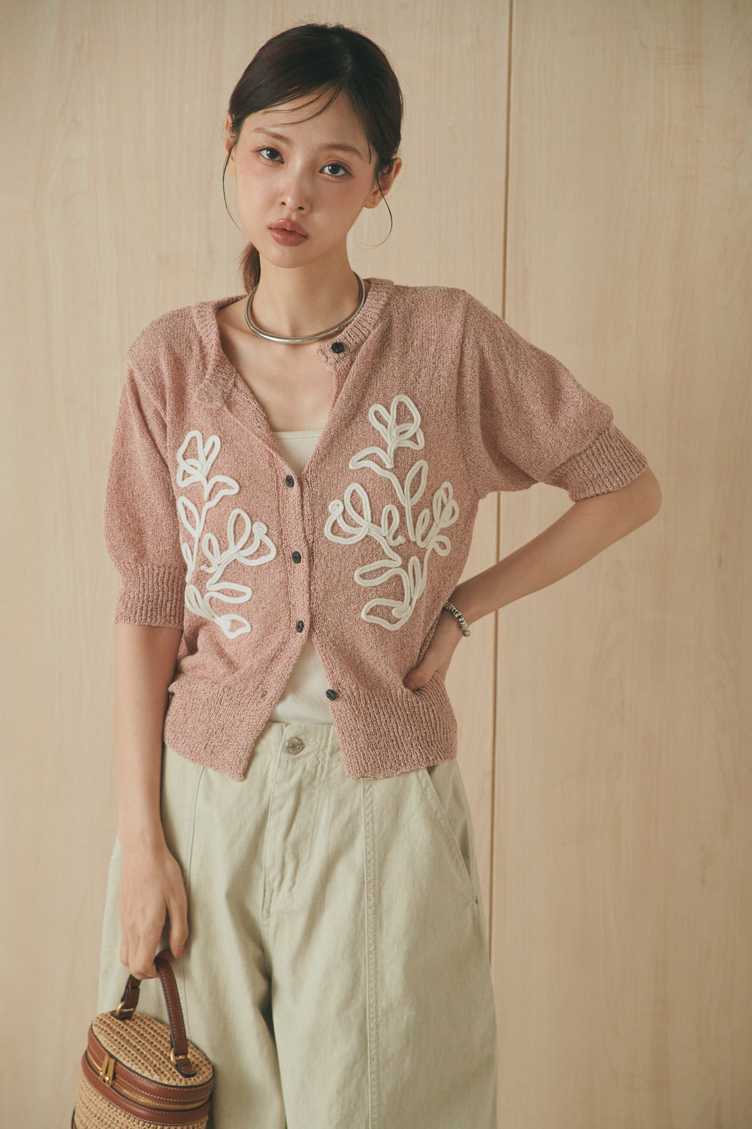 [SET]フロントテープデザイン半袖カーディガン+サイドベルトカーブワイドパンツ(2set)