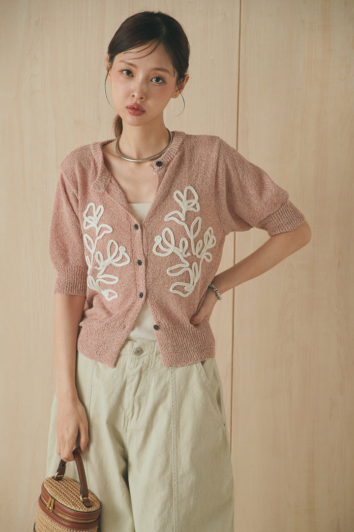 [SET]フロントテープデザイン半袖カーディガン+サイドベルトカーブワイドパンツ(2set)