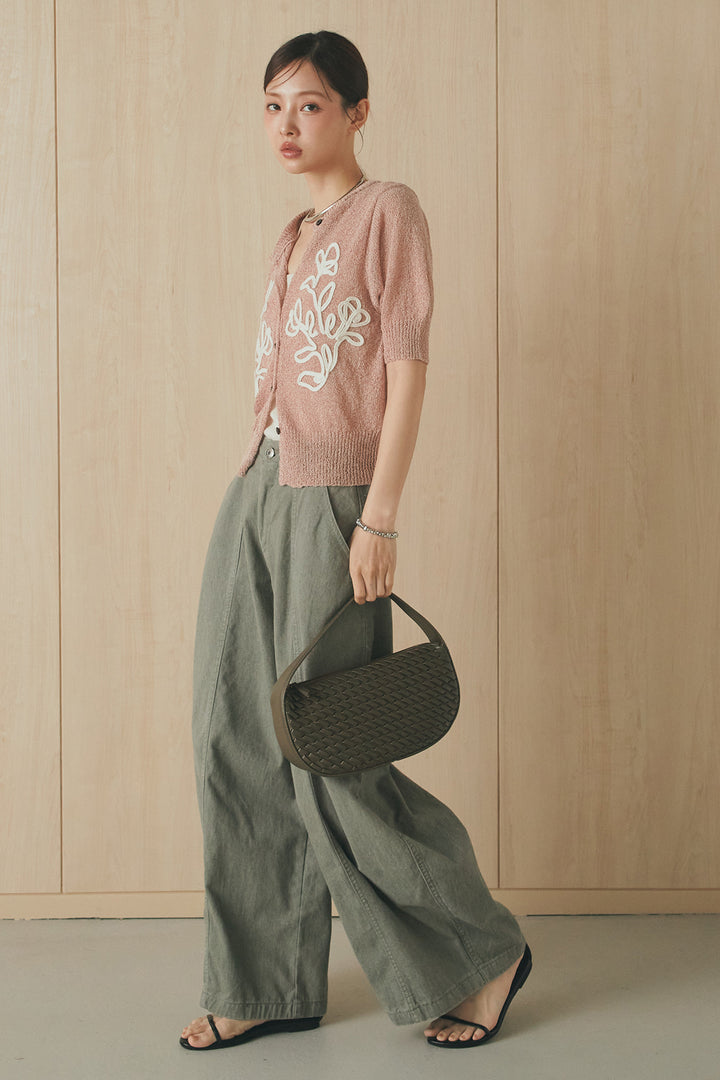 [SET]フロントテープデザイン半袖カーディガン+サイドベルトカーブワイドパンツ(2set)