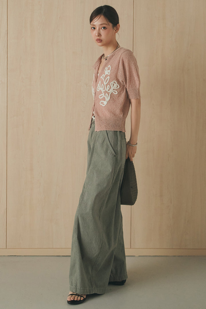 [SET]フロントテープデザイン半袖カーディガン+サイドベルトカーブワイドパンツ(2set)