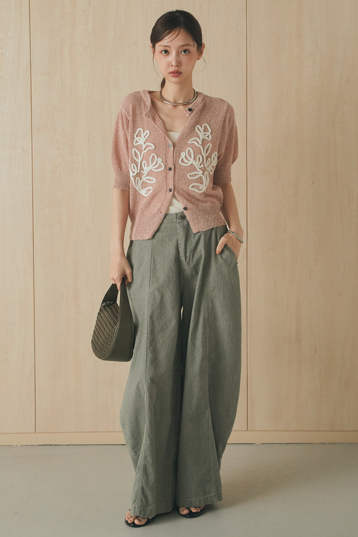 [SET]フロントテープデザイン半袖カーディガン+サイドベルトカーブワイドパンツ(2set)