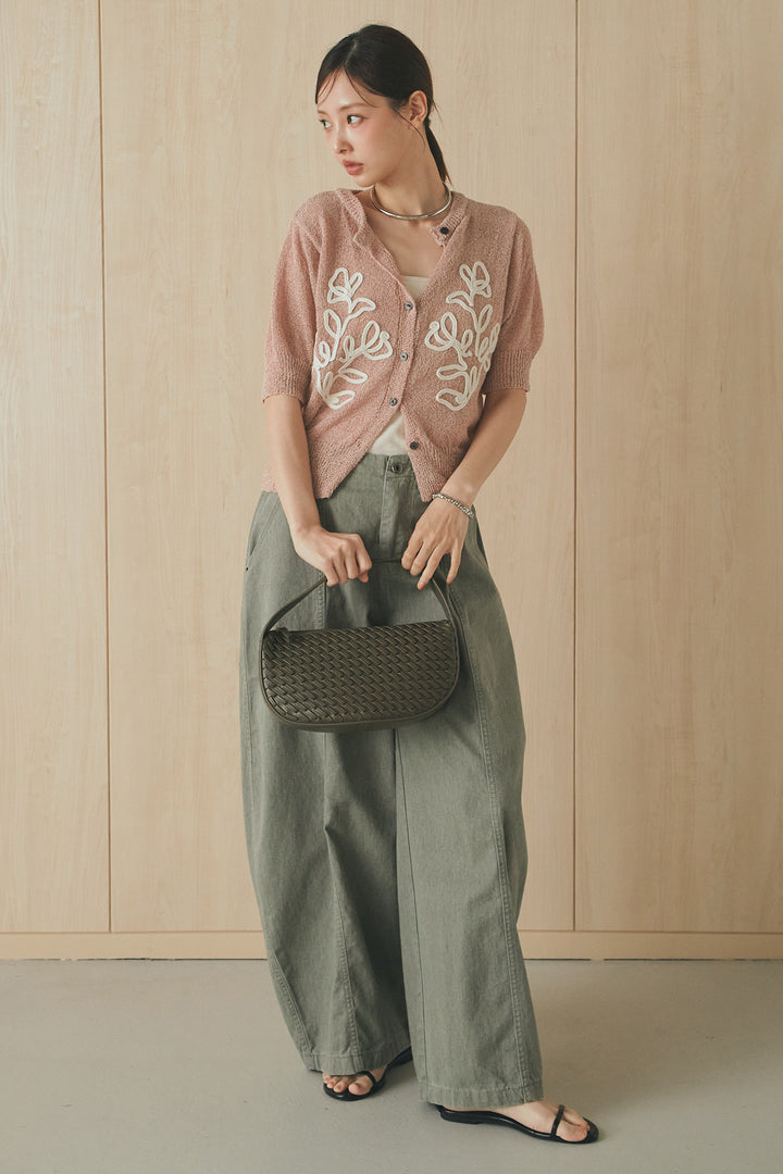 [SET]フロントテープデザイン半袖カーディガン+サイドベルトカーブワイドパンツ(2set)