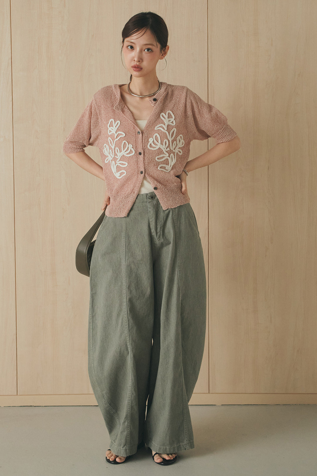[SET]フロントテープデザイン半袖カーディガン+サイドベルトカーブワイドパンツ(2set)