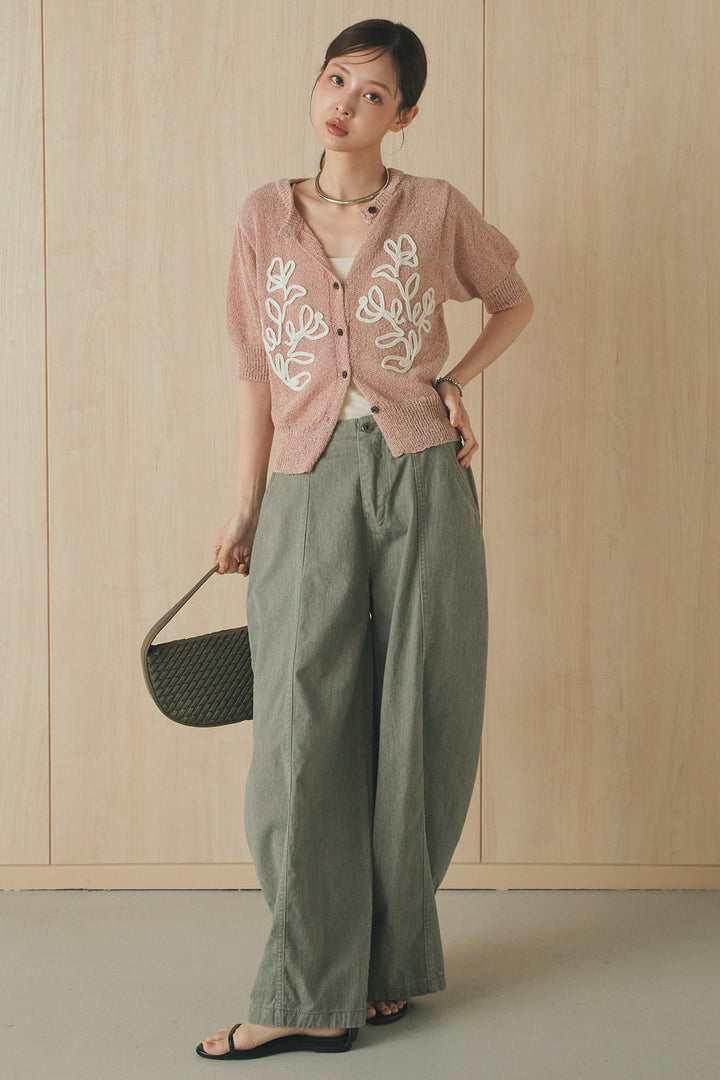 [SET]フロントテープデザイン半袖カーディガン+サイドベルトカーブワイドパンツ(2set)