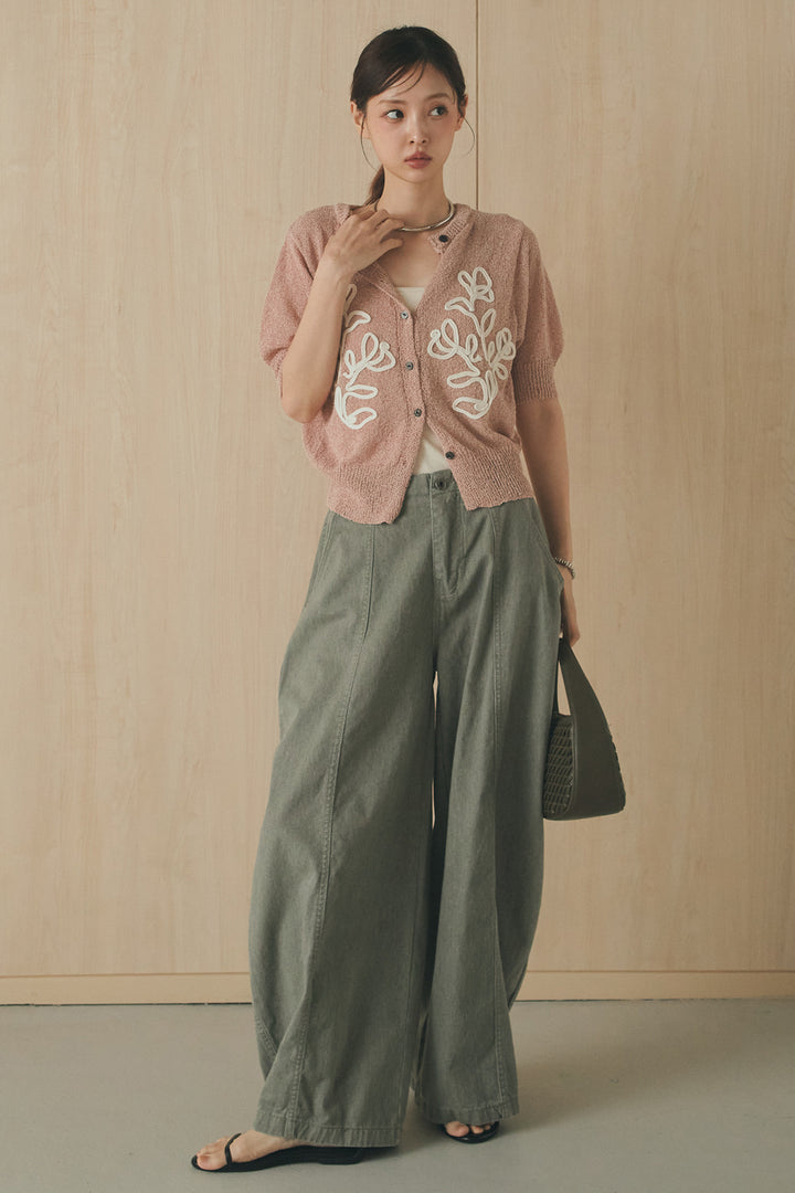 [SET]フロントテープデザイン半袖カーディガン+サイドベルトカーブワイドパンツ(2set)