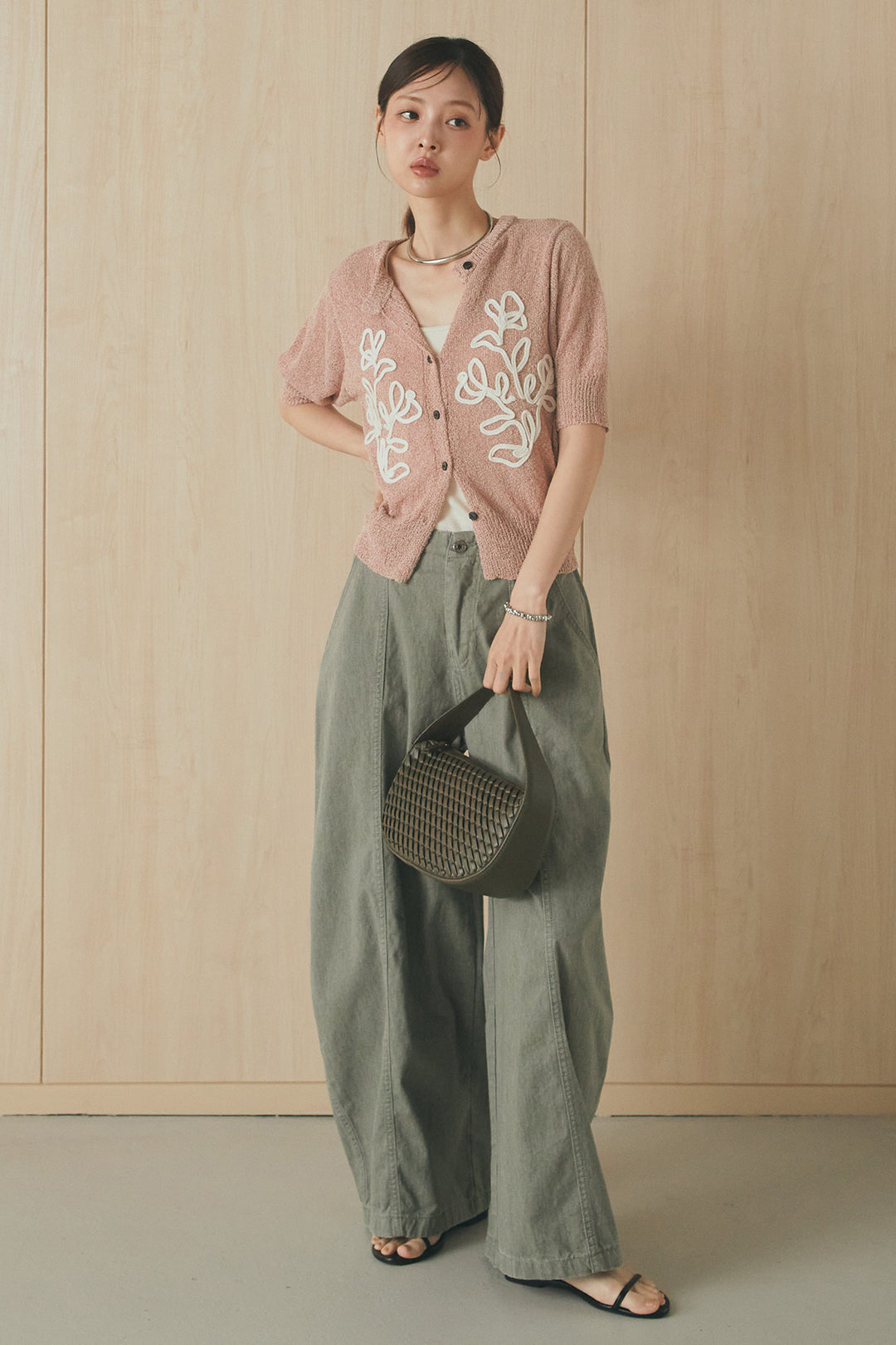 [SET]フロントテープデザイン半袖カーディガン+サイドベルトカーブワイドパンツ(2set)