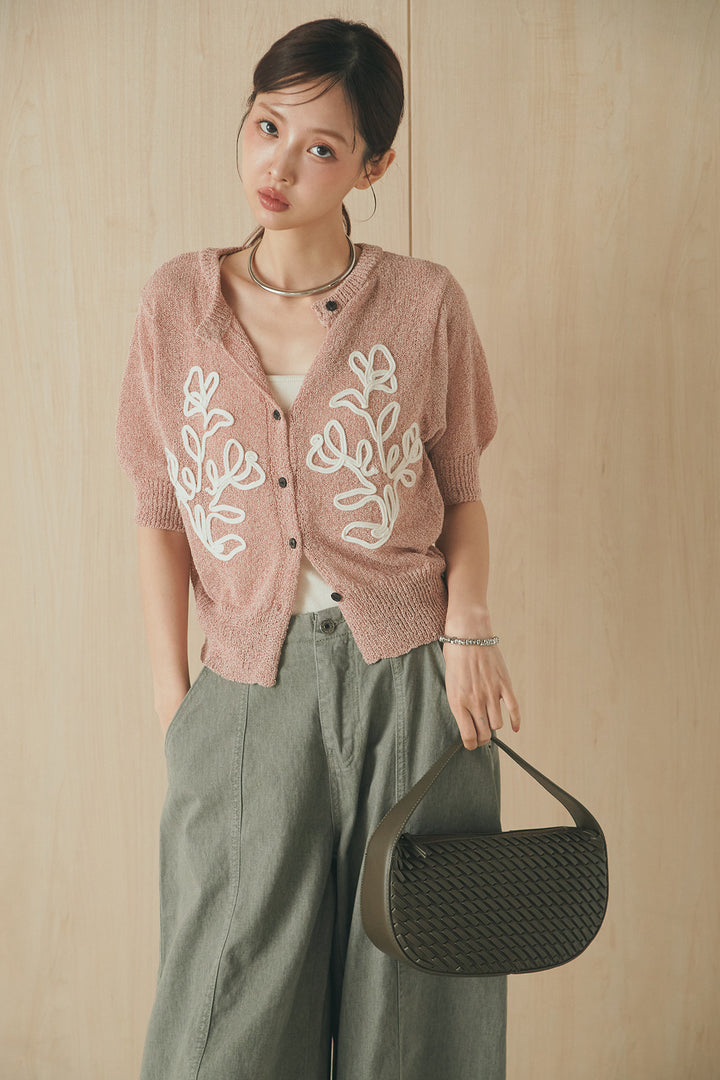 [SET]フロントテープデザイン半袖カーディガン+サイドベルトカーブワイドパンツ(2set)