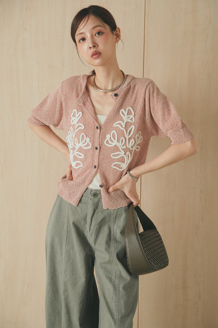 [SET]フロントテープデザイン半袖カーディガン+サイドベルトカーブワイドパンツ(2set)