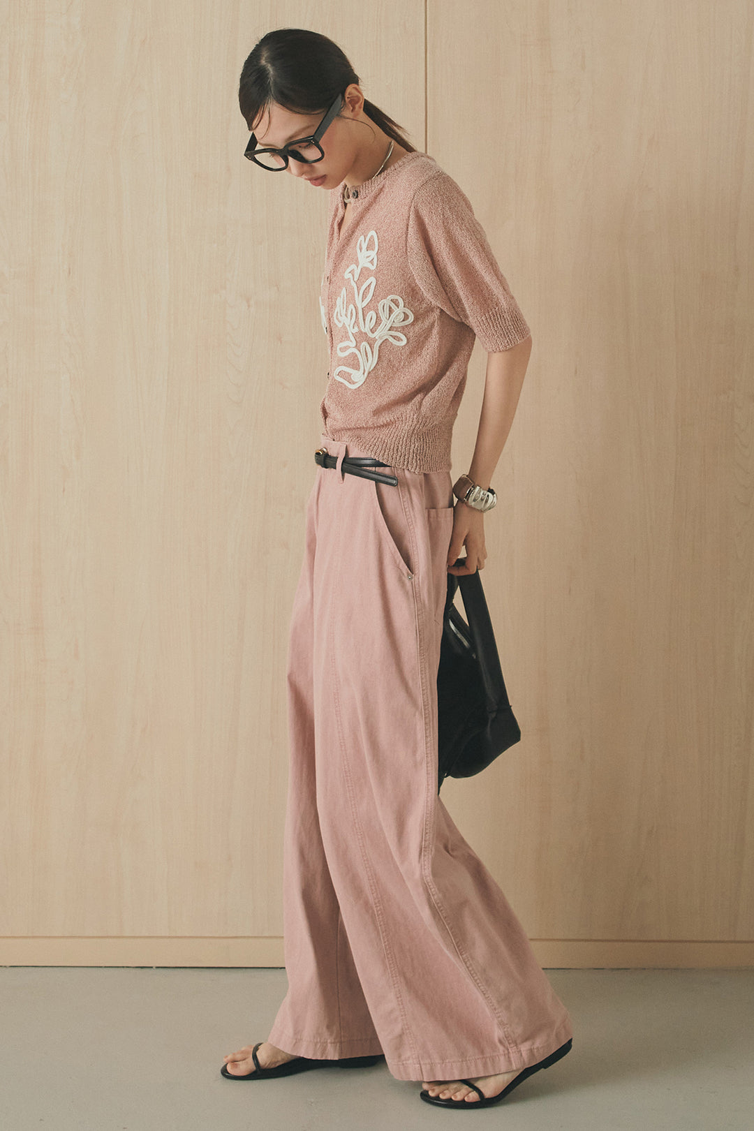 [SET]フロントテープデザイン半袖カーディガン+サイドベルトカーブワイドパンツ(2set)