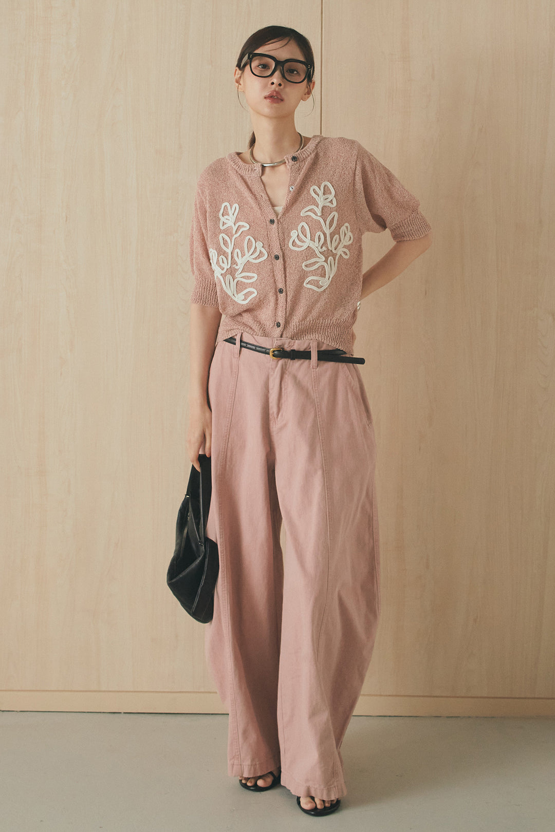 [SET]フロントテープデザイン半袖カーディガン+サイドベルトカーブワイドパンツ(2set)