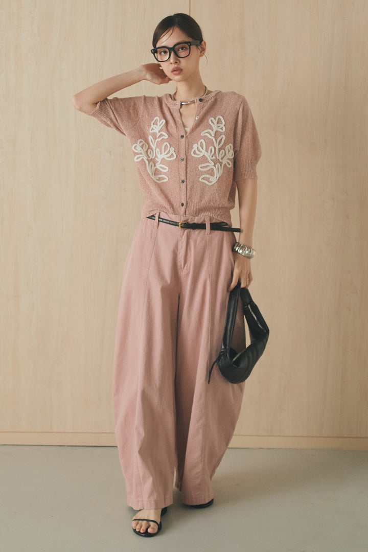 [SET]フロントテープデザイン半袖カーディガン+サイドベルトカーブワイドパンツ(2set)