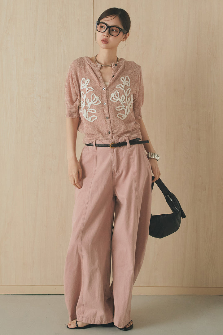[SET]フロントテープデザイン半袖カーディガン+サイドベルトカーブワイドパンツ(2set)