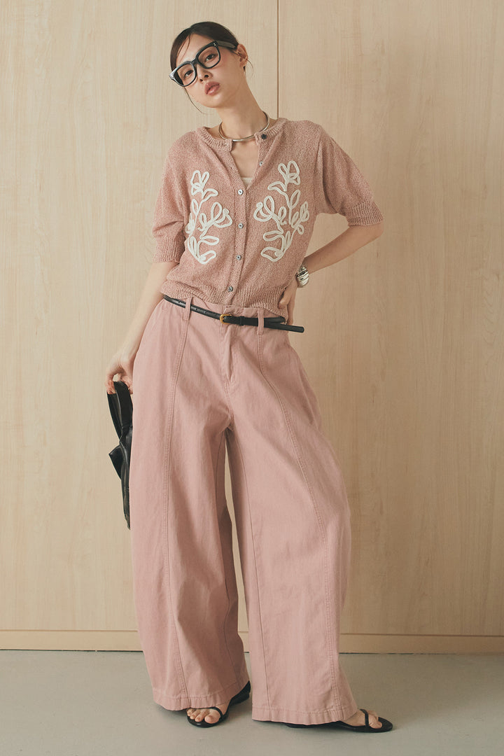 [SET]フロントテープデザイン半袖カーディガン+サイドベルトカーブワイドパンツ(2set)
