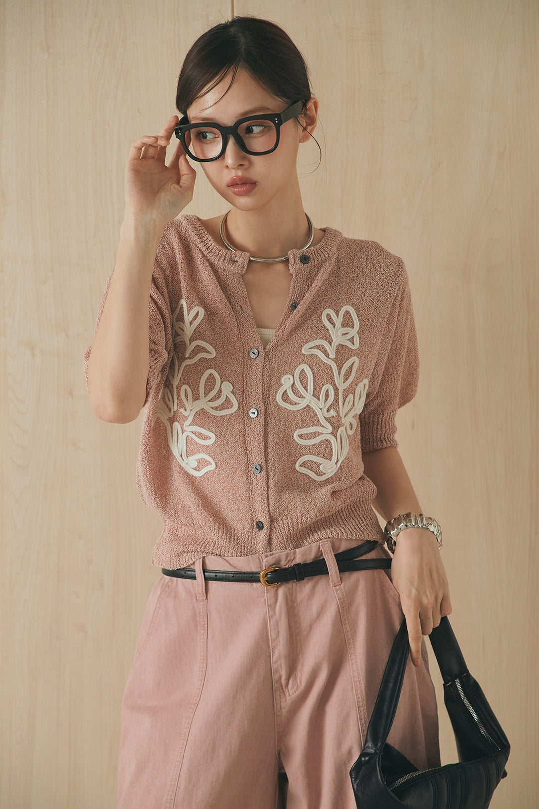 [SET]フロントテープデザイン半袖カーディガン+サイドベルトカーブワイドパンツ(2set)