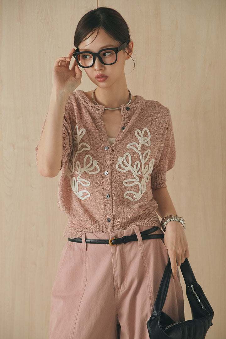 [SET]フロントテープデザイン半袖カーディガン+サイドベルトカーブワイドパンツ(2set)