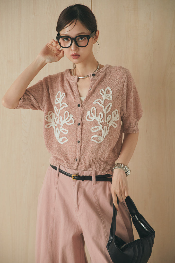 [SET]フロントテープデザイン半袖カーディガン+サイドベルトカーブワイドパンツ(2set)