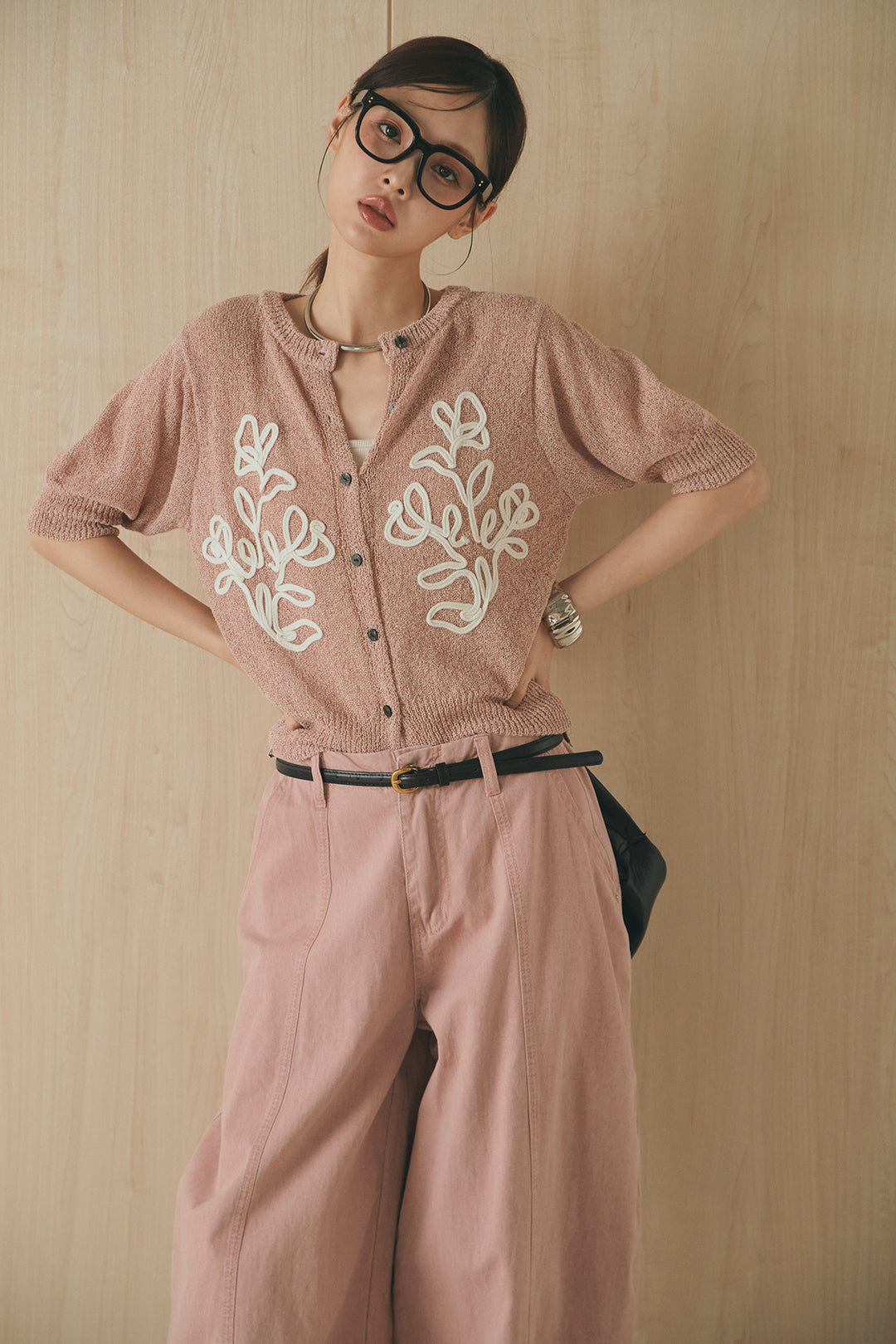 [SET]フロントテープデザイン半袖カーディガン+サイドベルトカーブワイドパンツ(2set)