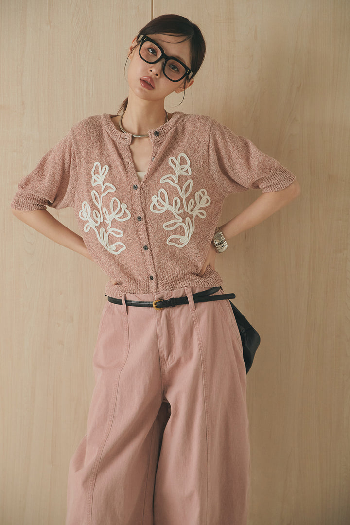 [SET]フロントテープデザイン半袖カーディガン+サイドベルトカーブワイドパンツ(2set)