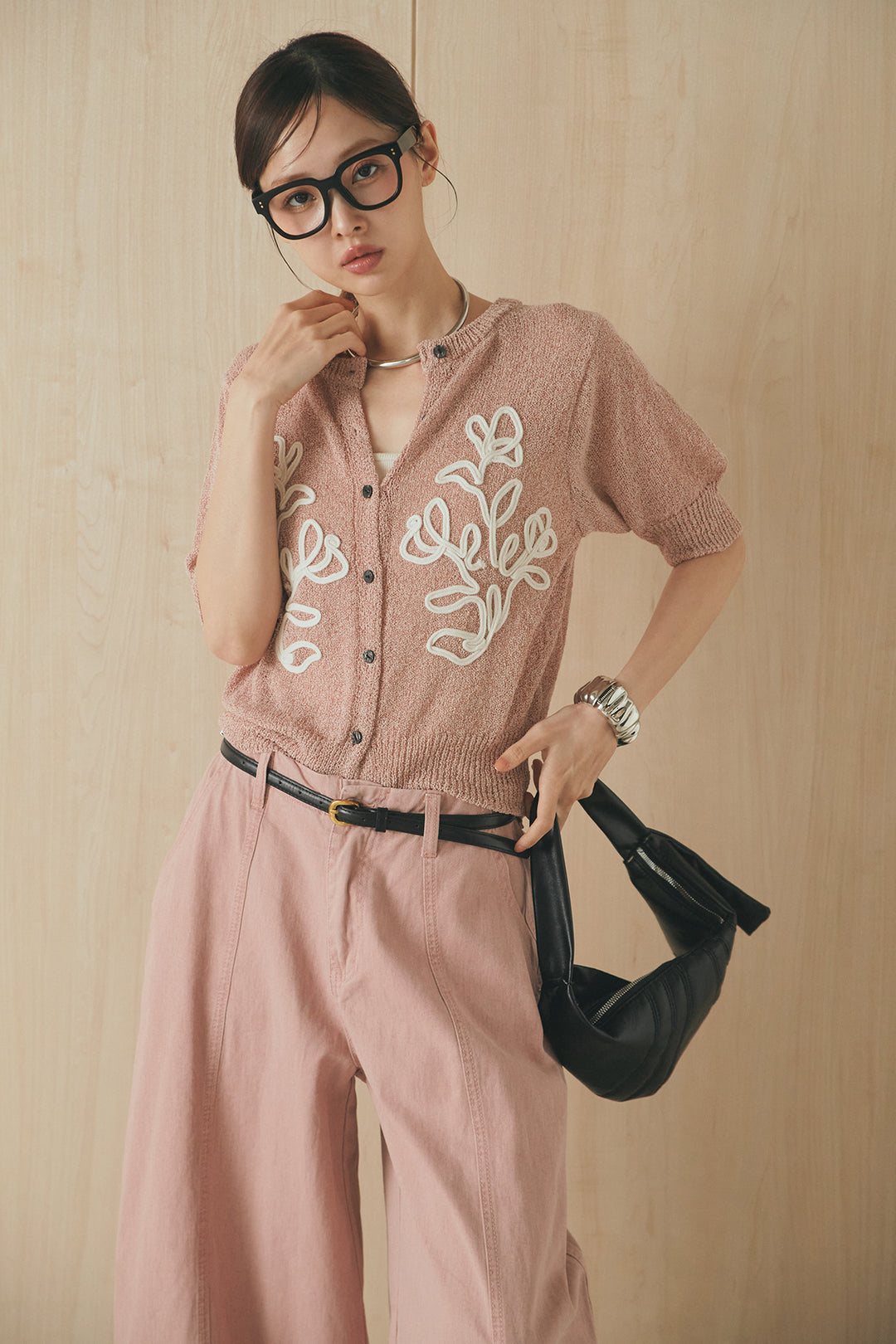 [SET]フロントテープデザイン半袖カーディガン+サイドベルトカーブワイドパンツ(2set)