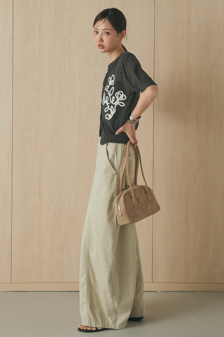 [SET]フロントテープデザイン半袖カーディガン+サイドベルトカーブワイドパンツ(2set)