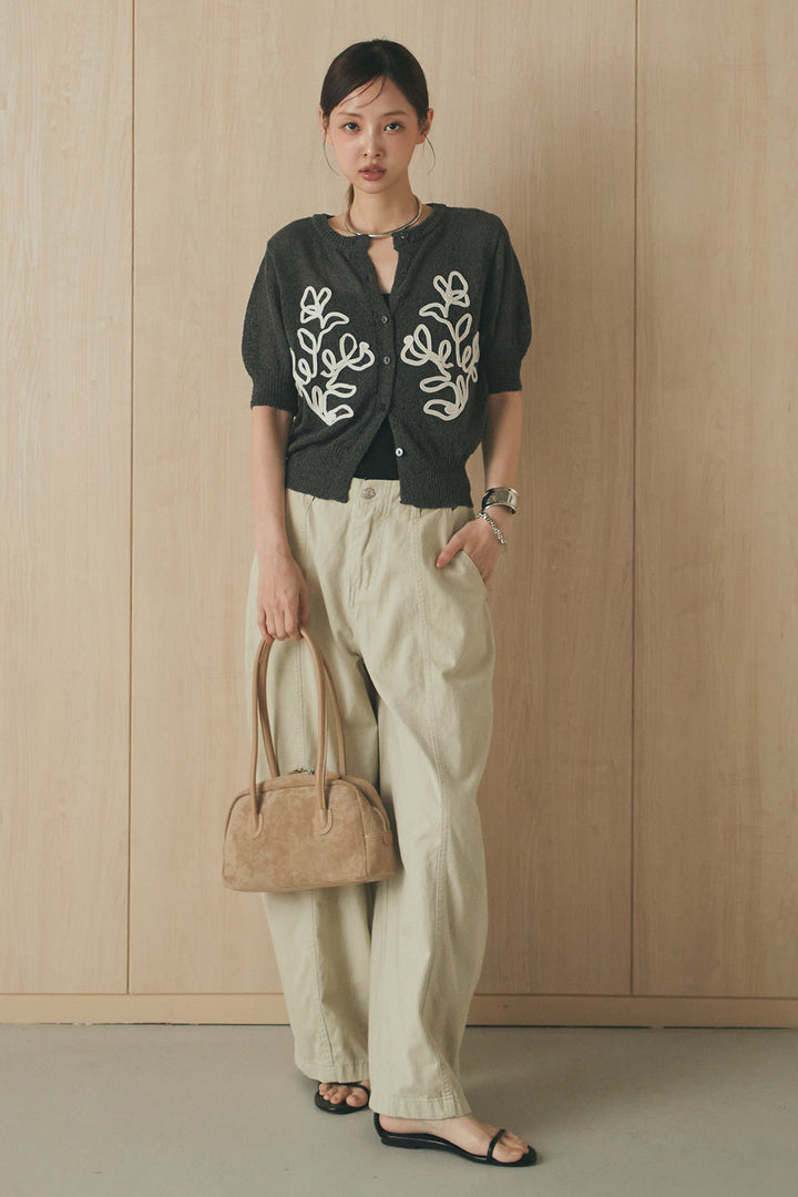 [SET]フロントテープデザイン半袖カーディガン+サイドベルトカーブワイドパンツ(2set)