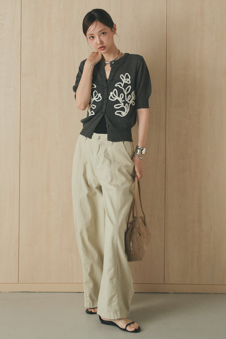 [SET]フロントテープデザイン半袖カーディガン+サイドベルトカーブワイドパンツ(2set)