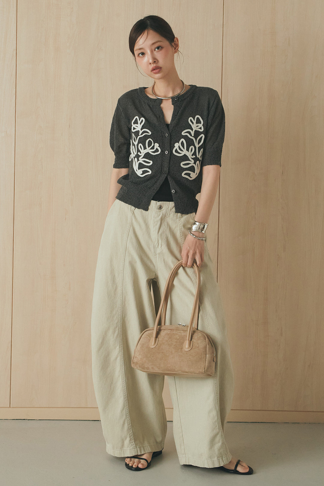 [SET]フロントテープデザイン半袖カーディガン+サイドベルトカーブワイドパンツ(2set)