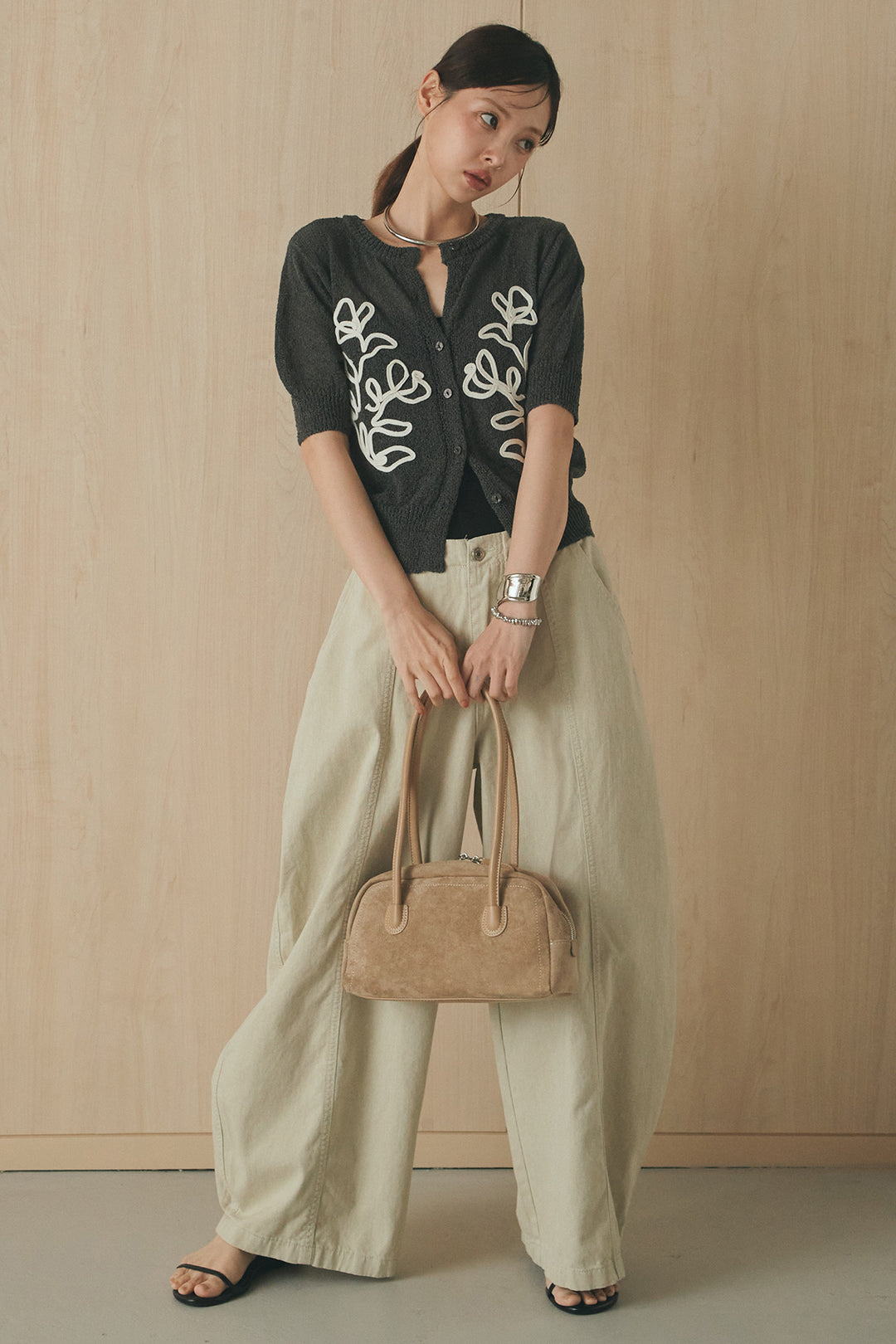 [SET]フロントテープデザイン半袖カーディガン+サイドベルトカーブワイドパンツ(2set)